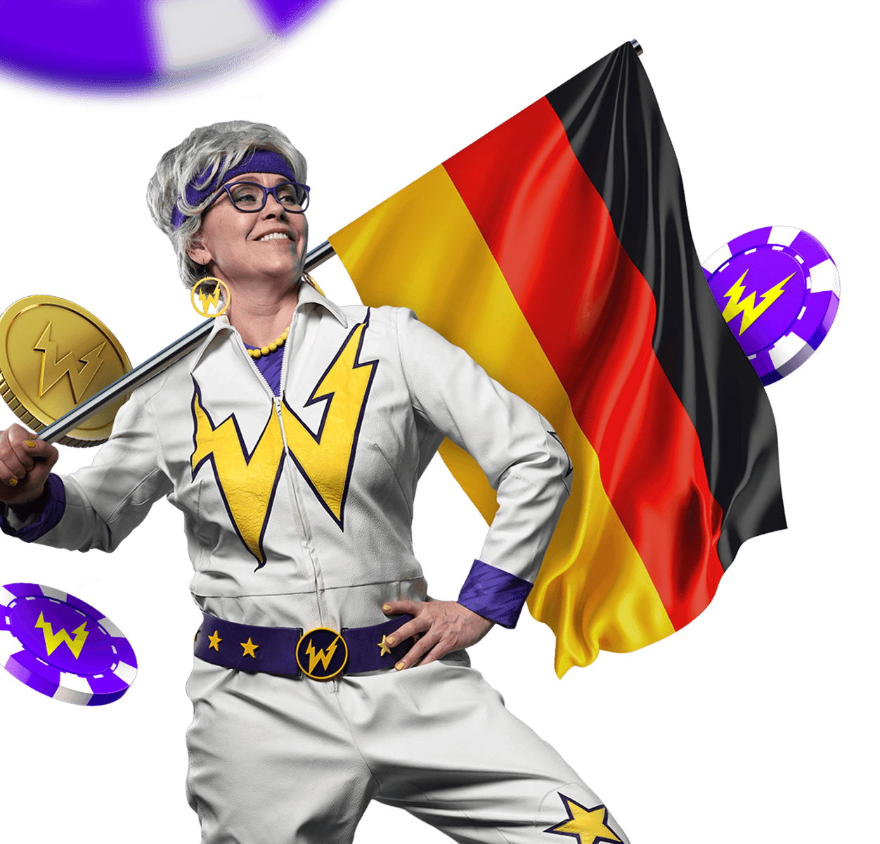 Offizielles Wildz-Maskottchen mit deutscher Flagge und violetten Spielchips